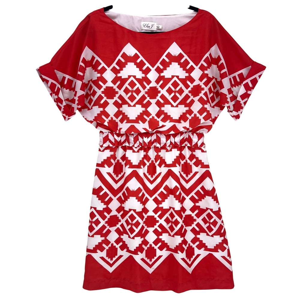Eliza J Red White Geometric Ikat Print Dress 6 Dolman Sleeve Pockets